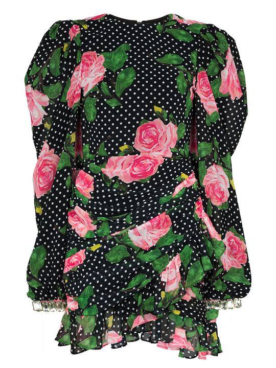 floral and polka dot silk crepe puff sleeve mini dress展示图
