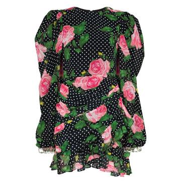 floral and polka dot silk crepe puff sleeve mini dress