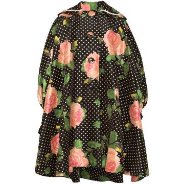 oversized floral and polka dot print silk satin puff sleeve coat