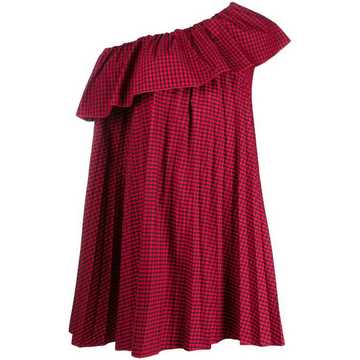 off-the-shoulder gingham mini smock dress