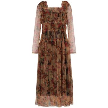 gathered floral print tulle dress