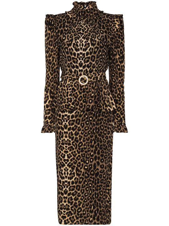 leopard print exaggerated shoulder silk midi dress展示图