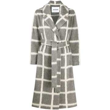 belted bold check pattern coat