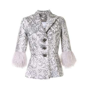 floral brocade feather cuff jacket