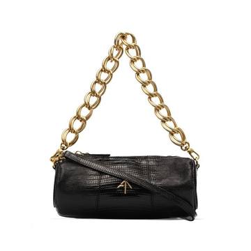 black mini cylinder faux lizard leather shoulder bag