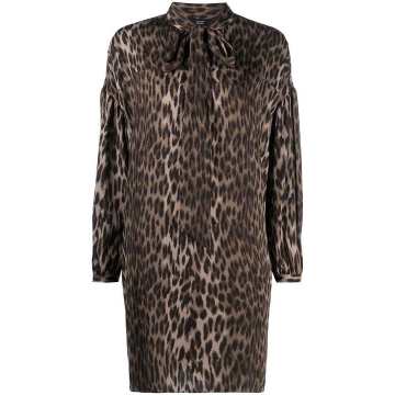 leopard print shirt dress with pussy bow detail