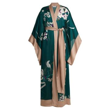 Floral-print silk-satin kimono robe