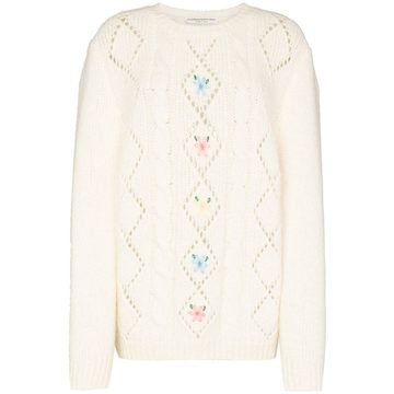 embroidered flower pointelle knit sweater