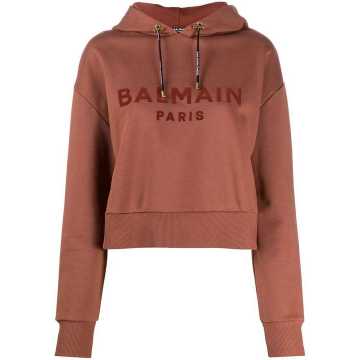 Cropped Balmain logo flocked hoodie