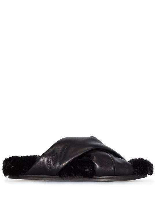 black flat leather faux fur sandals展示图