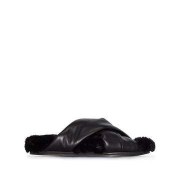 black flat leather faux fur sandals