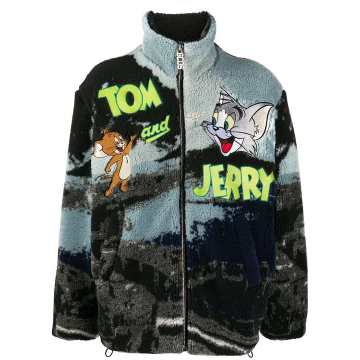 embroidered cartoon faux-fur jacket