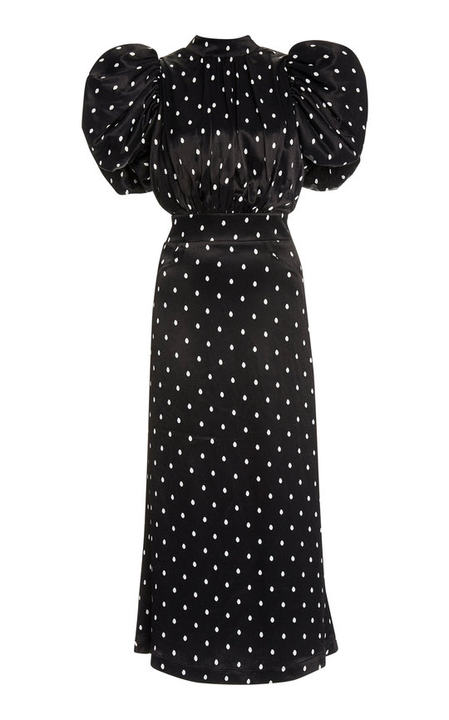 Dawn Polka-Dot Satin Puff-Sleeve Midi Dress展示图