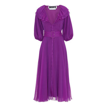 Ruffled Button-Front Belted Chiffon Midi Dress