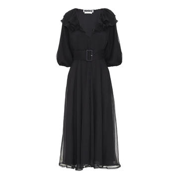 Ruffled Button-Front Belted Chiffon Midi Dress