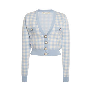 Gingham Cotton Knitted Cropped Cardigan