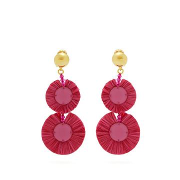 Bead-embellished raffia disc-drop earrings