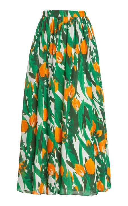 Tulip Print Double Silk Georgette Maxi Skirt展示图