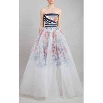 Printed Mikado And Tulle Gown