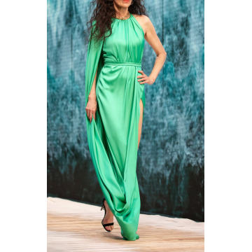 Draped Silk-Satin Caped Gown