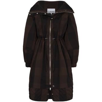 check-pattern zip-up parka coat