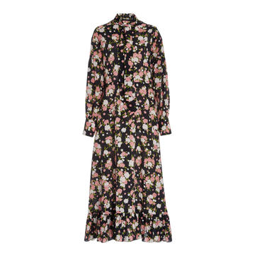 Ruffled Floral Crepe Tie-Neck Midi Dress