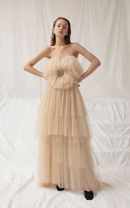 Sahar Hand Embroidered Sunflower Tulle Long Dress展示图