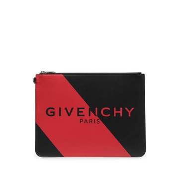 stripe logo clutch bag