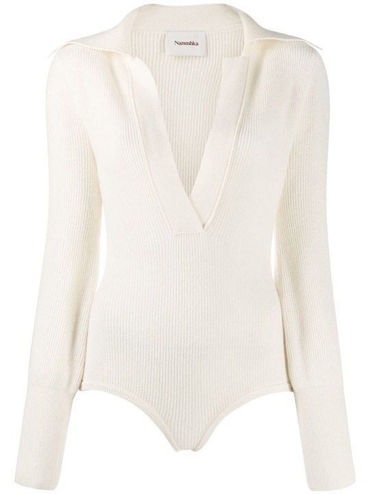 V-neck ribbed knit bodysuit展示图