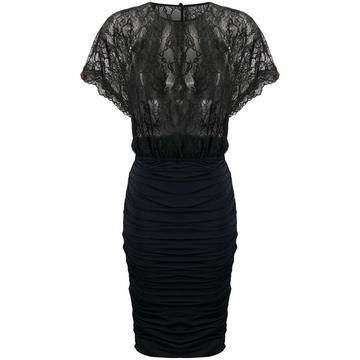 lace-panel ruched bodycon dress