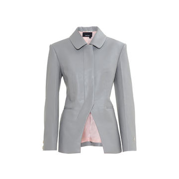 Grey Vegan Leather Slim Waist Single Breasted Blazer