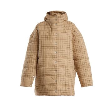 Checked funnel-neck quilted-cotton coat