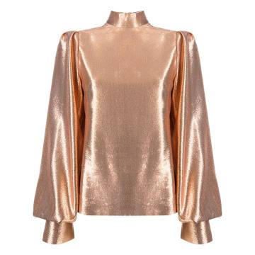 metallic bishop-sleeve silk blouse