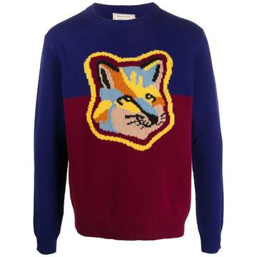 Colour-block Fox Head knitted jumper