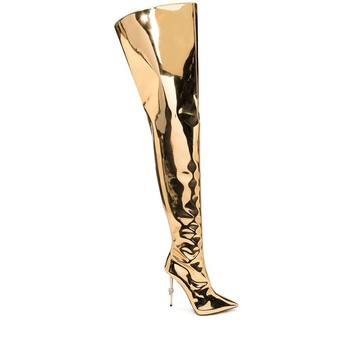 metallic thigh-high skull stiletto boots