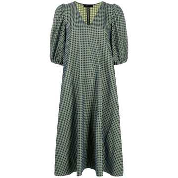 puff-sleeve check midi-dress