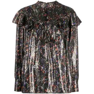 ruffled metallic-floral blouse