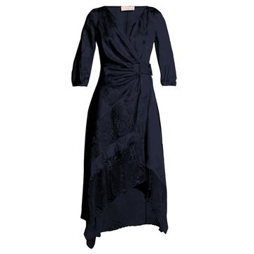 Floral-jacquard satin wrap dress