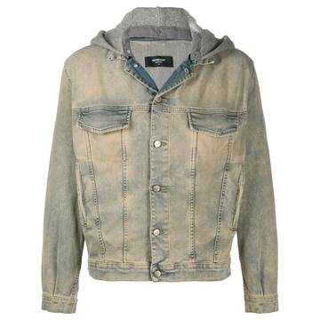 detachable-hood stonewash denim jacket