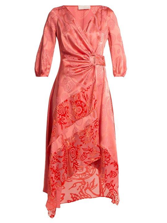 Floral-jacquard satin wrap dress展示图