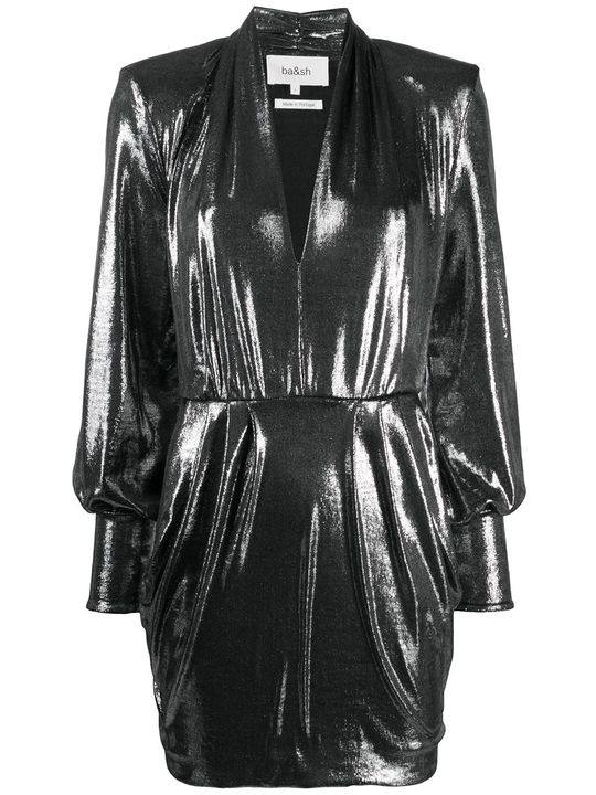 plunging V-neck metallic sheen dress展示图