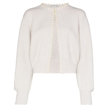 pearl-trim puff-sleeve cardigan