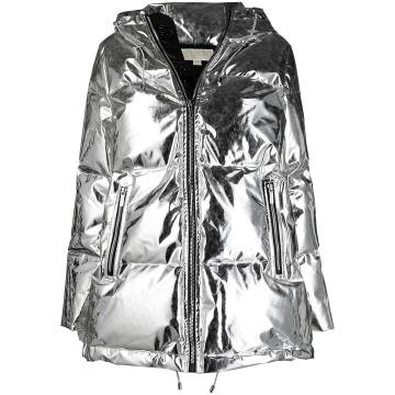 metallic puffer hooded coat