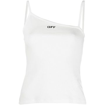 asymmetric neck logo print top