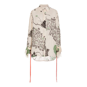 Floral Flounce-Cuff Crepe Shirt