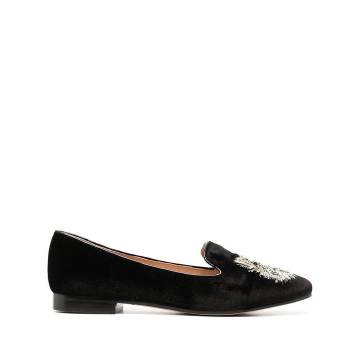 metallic cat-embroidered loafers