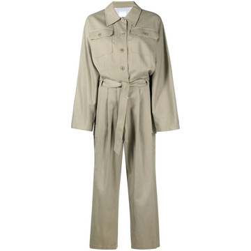 belted shirt-panel jumpsuit