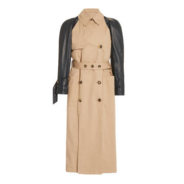 Belted Leather-Sleeve Cotton-Gabardine Trench Coat