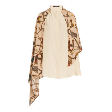 Draped Scarf-Accented Silk Blouse