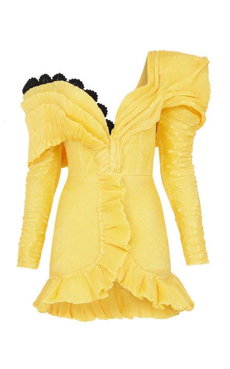 Yellow One Shouldered Mini Dress With Ruffles展示图